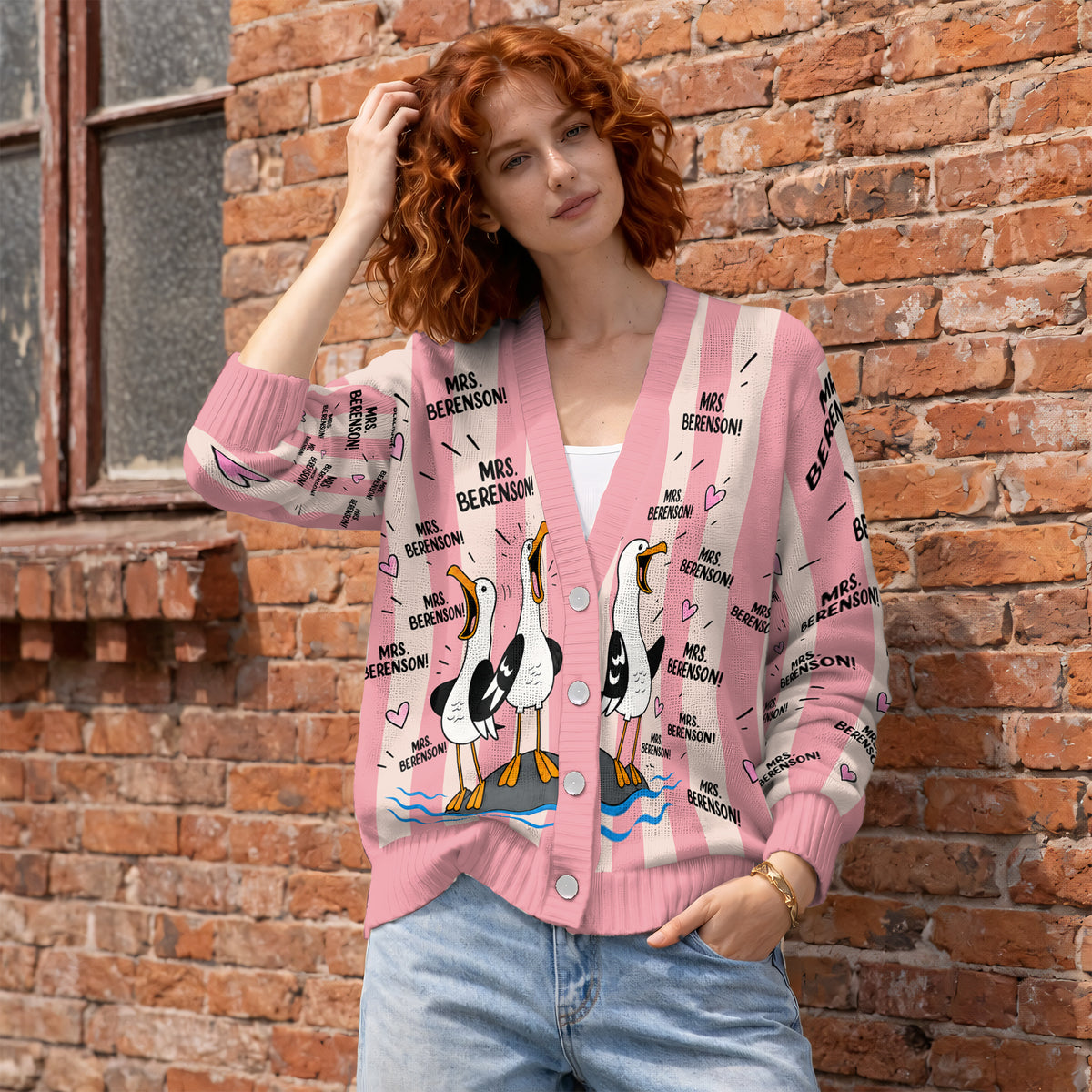 Custom Screaming Seagulls Cardigan Sweater - Cute Funny Coastal Bird Knitwear