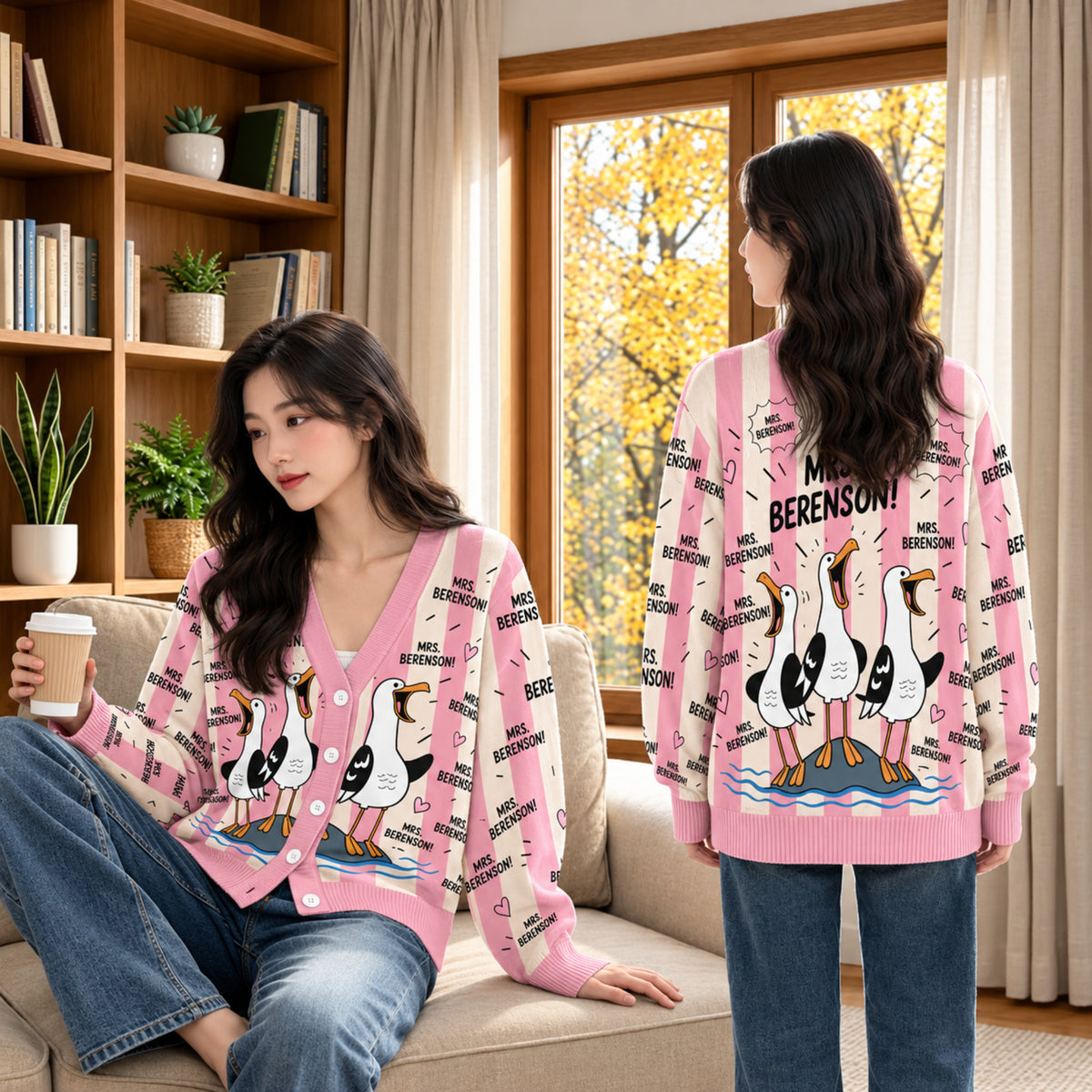 Custom Screaming Seagulls Cardigan Sweater - Cute Funny Coastal Bird Knitwear