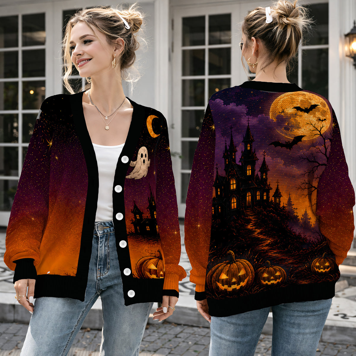 Haunted House Pumpkin Cardigan Sweater - Spooky Gothic Halloween Knitwear