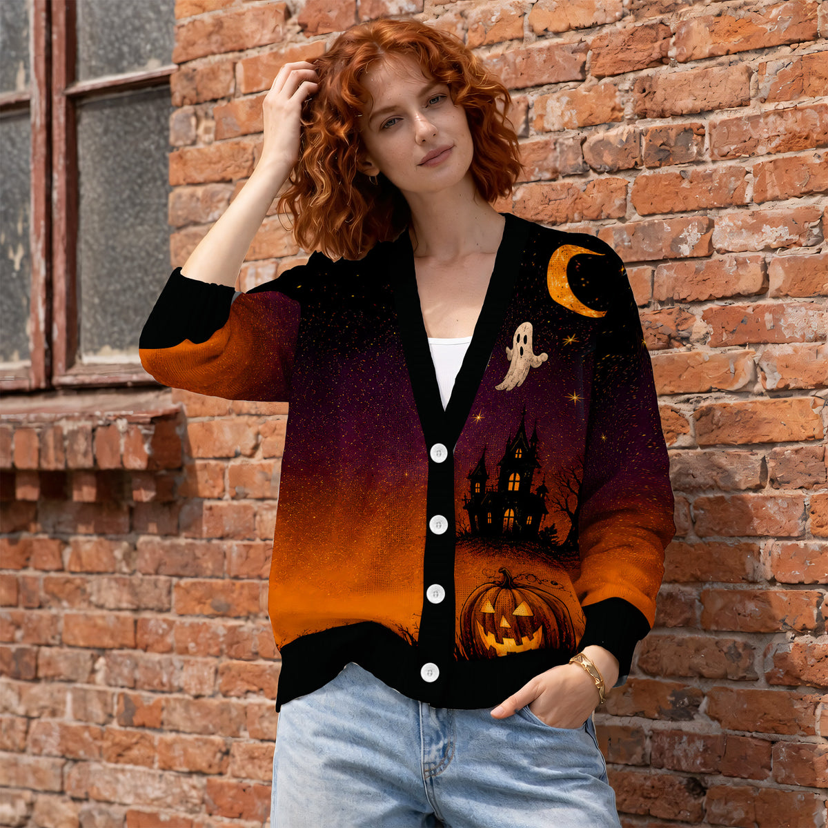 Haunted House Pumpkin Cardigan Sweater - Spooky Gothic Halloween Knitwear