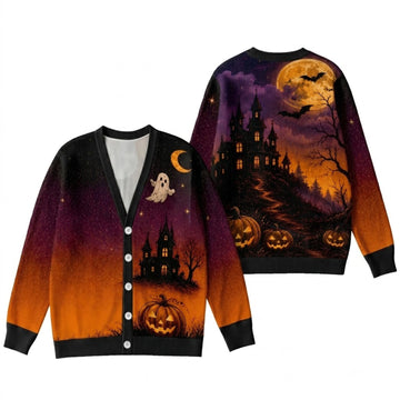 Haunted House Pumpkin Cardigan Sweater - Spooky Gothic Halloween Knitwear