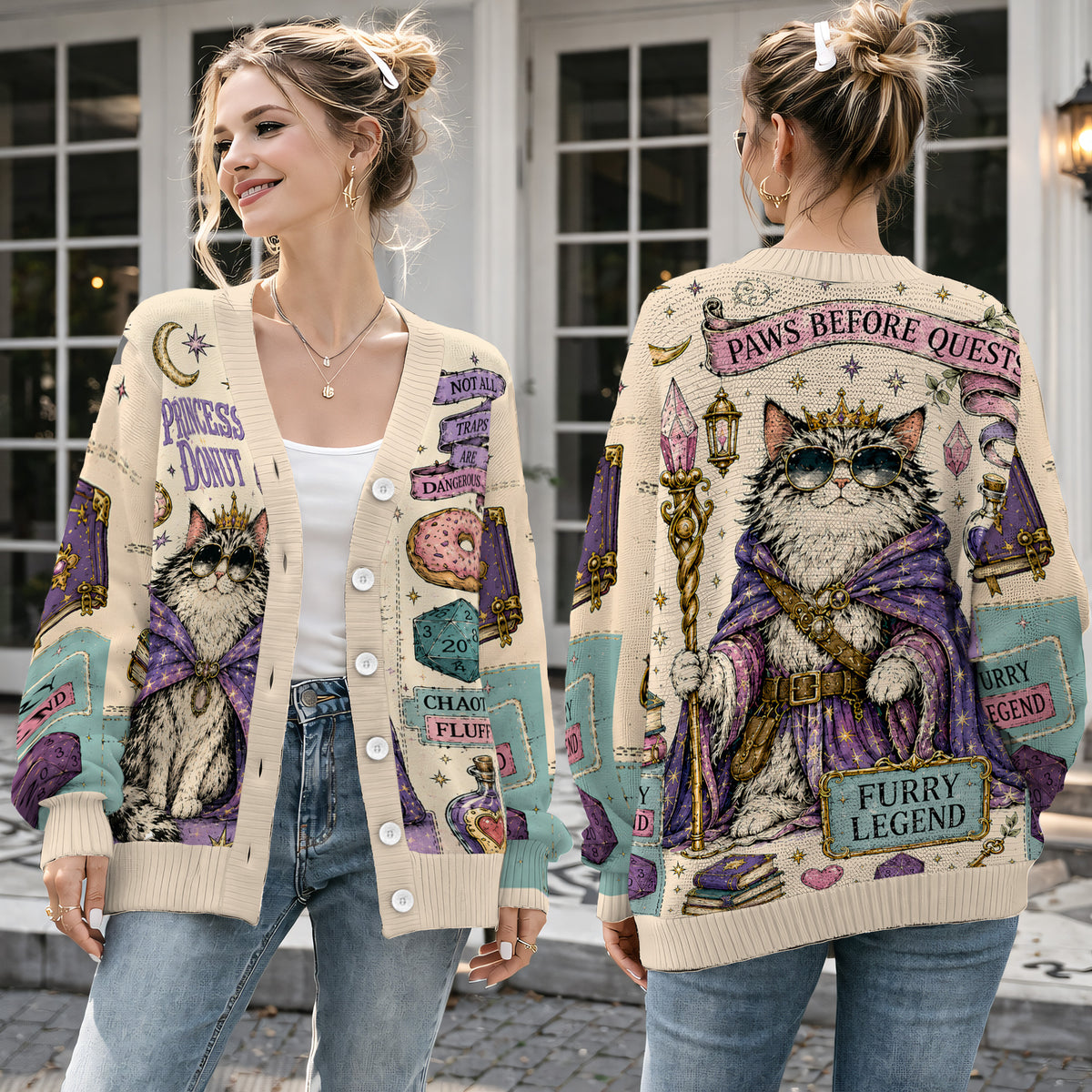 Royal Princess Donut Cat Cardigan Sweater - Cozy Fantasy Graphic Knitwear