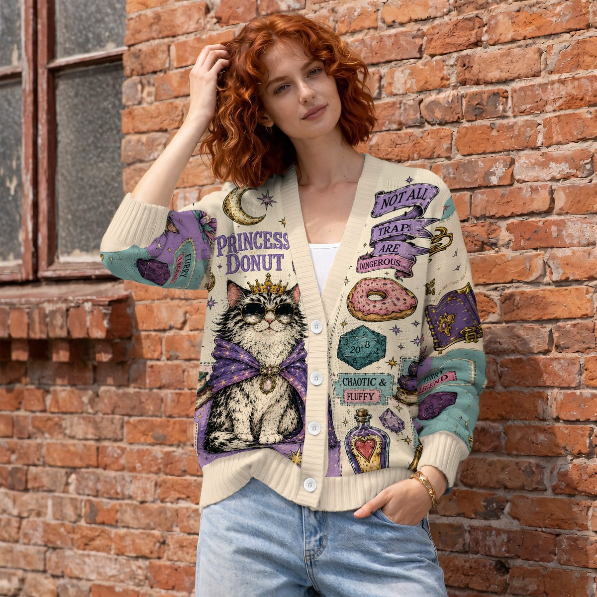 Royal Princess Donut Cat Cardigan Sweater - Cozy Fantasy Graphic Knitwear