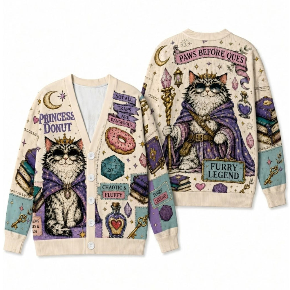 Royal Princess Donut Cat Cardigan Sweater - Cozy Fantasy Graphic Knitwear