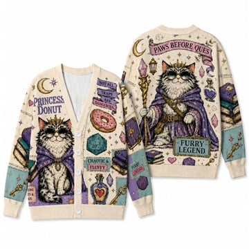 Royal Princess Donut Cat Cardigan Sweater - Cozy Fantasy Graphic Knitwear
