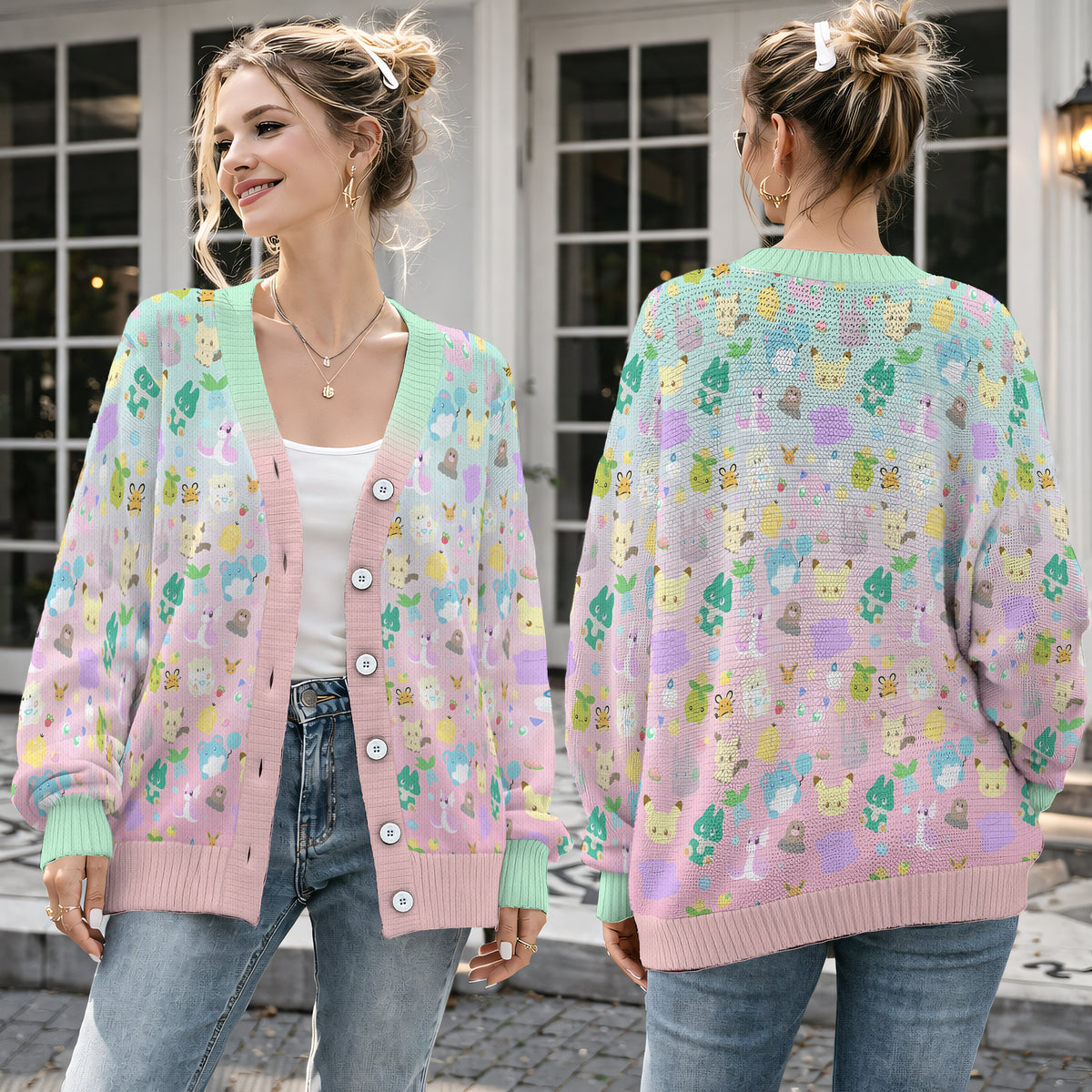 Pastel Anime Pocket Creatures Cardigan Sweater - Cute Kawaii Rainbow Knitwear