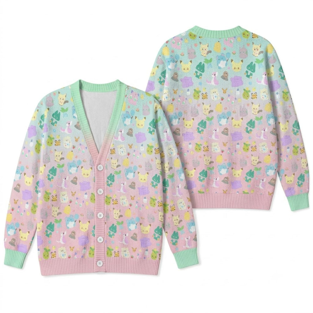 Pastel Anime Pocket Creatures Cardigan Sweater - Cute Kawaii Rainbow Knitwear