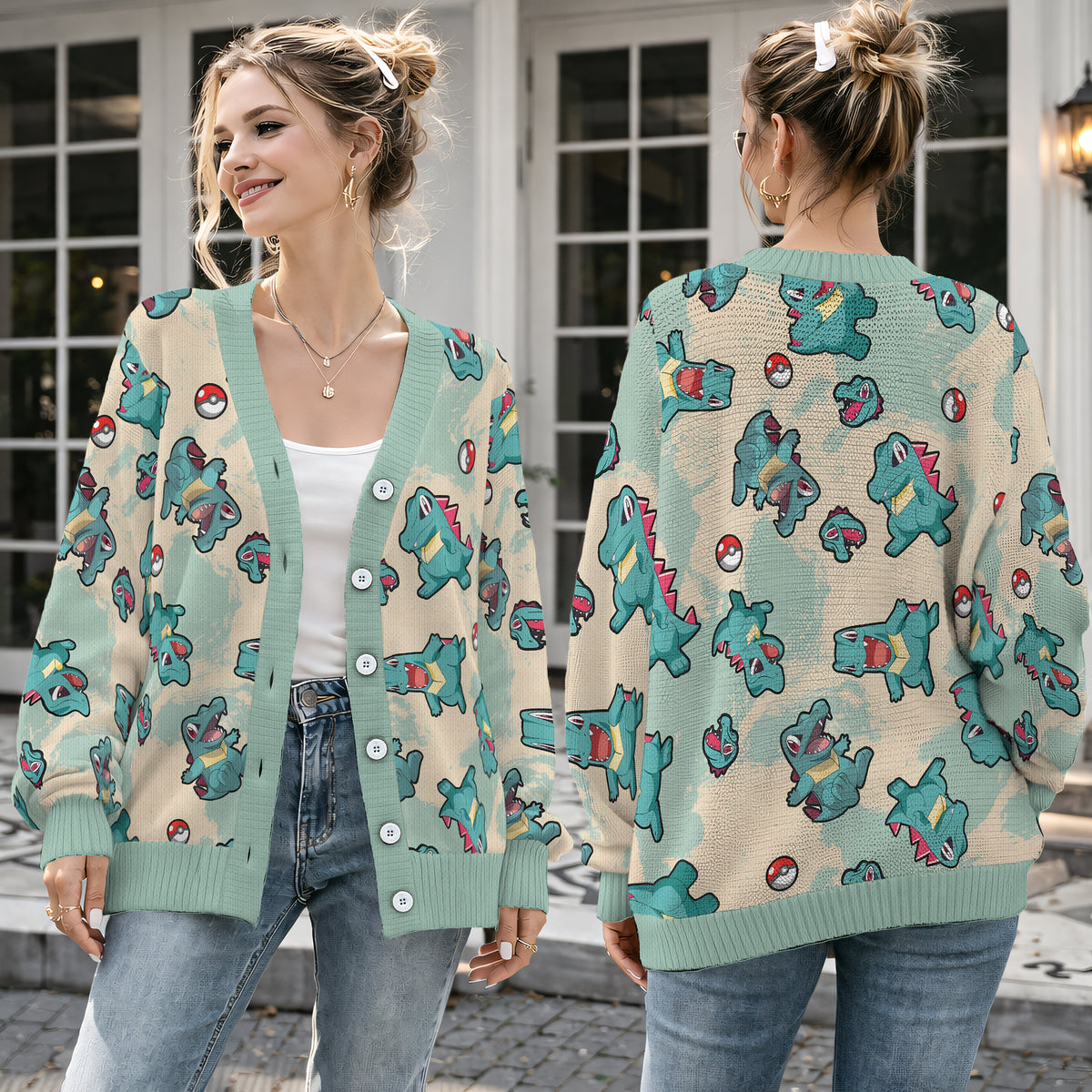 Cute Water Crocodile Creature Cardigan Sweater - Pastel Blue Monster Knitwear