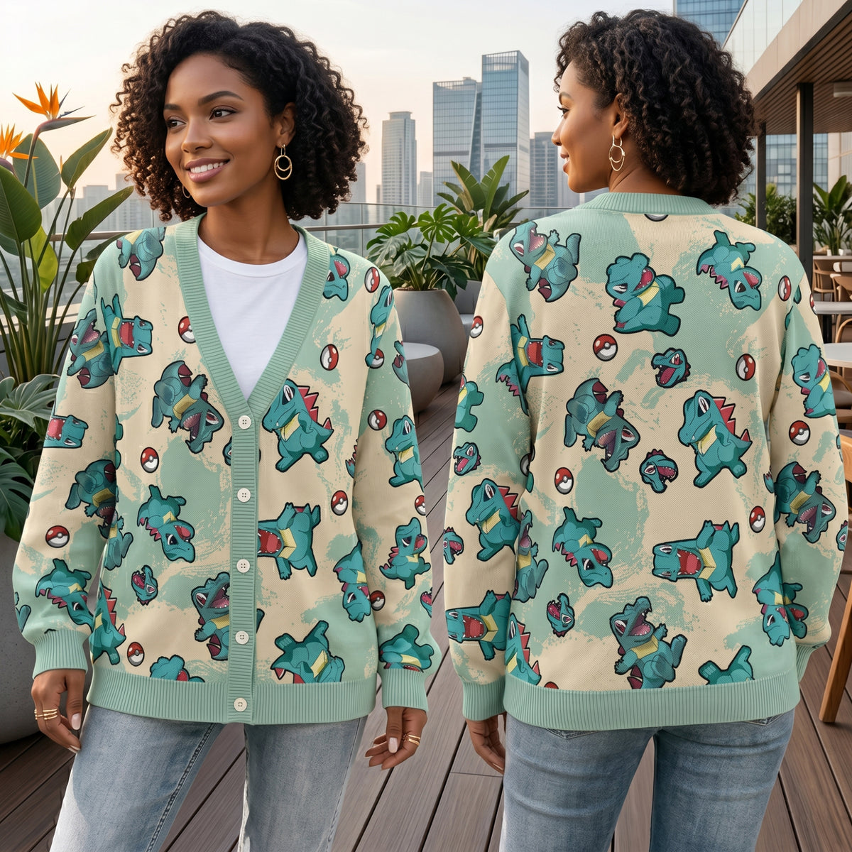 Cute Water Crocodile Creature Cardigan Sweater - Pastel Blue Monster Knitwear