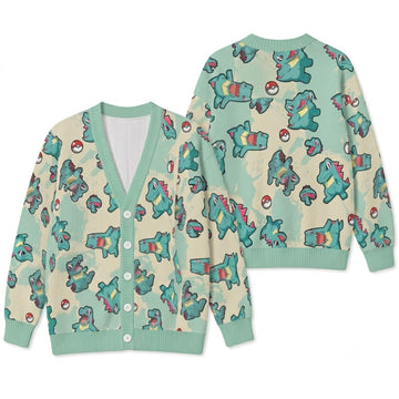 Cute Water Crocodile Creature Cardigan Sweater - Pastel Blue Monster Knitwear