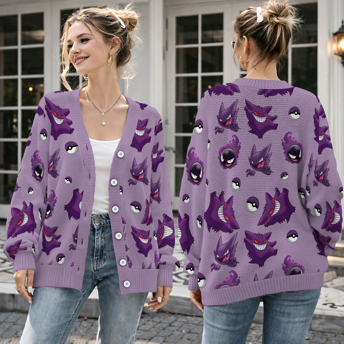 Spooky Purple Shadow Monster Cardigan Sweater - Cute Anime Ghost Knitwear