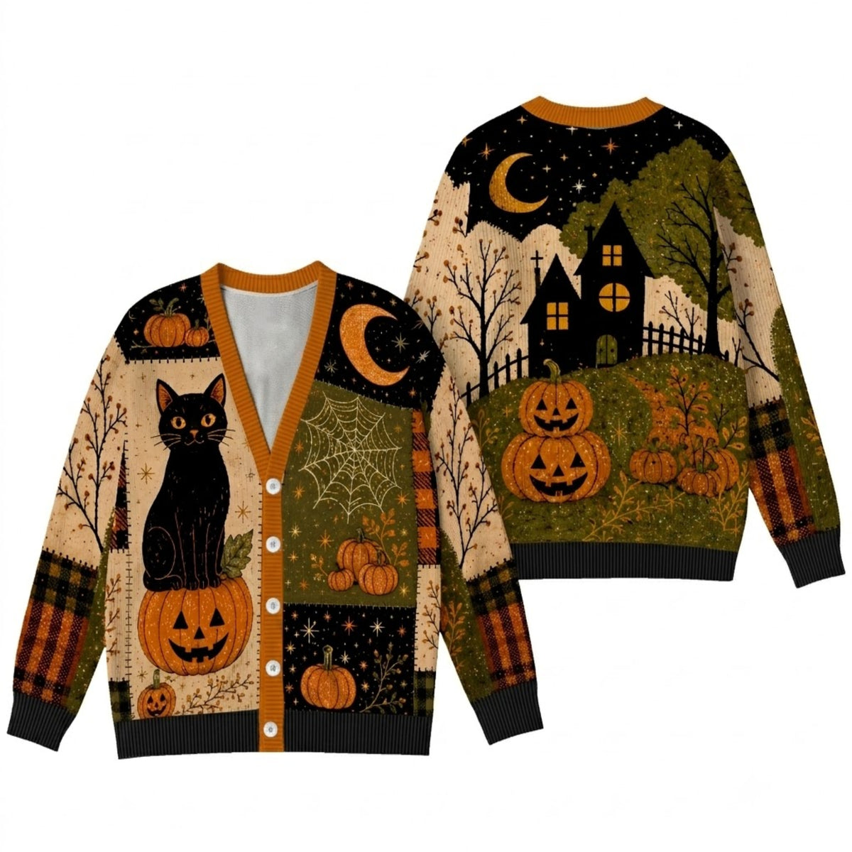 Black Cat Pumpkin Halloween Cardigan Sweater - Spooky Haunted House Knitwear