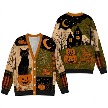 Black Cat Pumpkin Halloween Cardigan Sweater - Spooky Haunted House Knitwear
