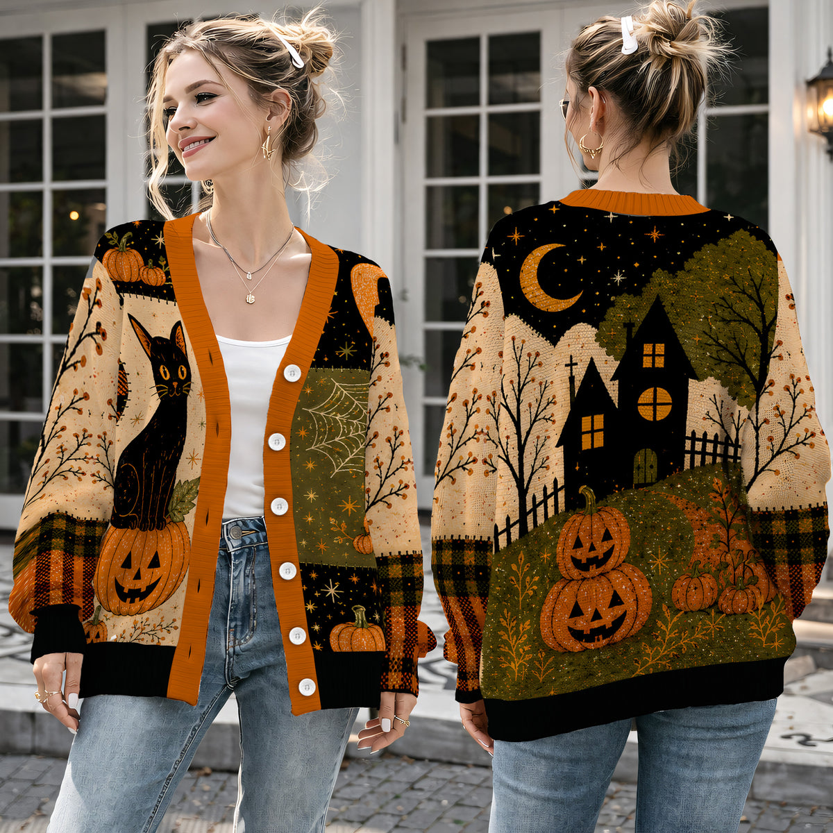 Black Cat Pumpkin Halloween Cardigan Sweater - Spooky Haunted House Knitwear