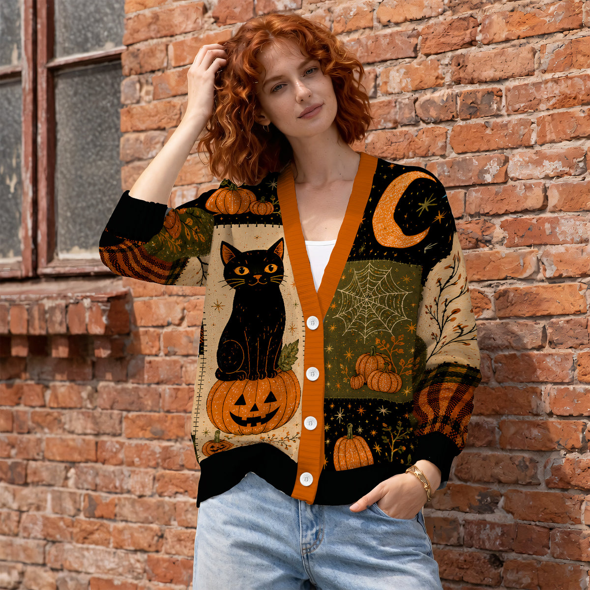 Black Cat Pumpkin Halloween Cardigan Sweater - Spooky Haunted House Knitwear