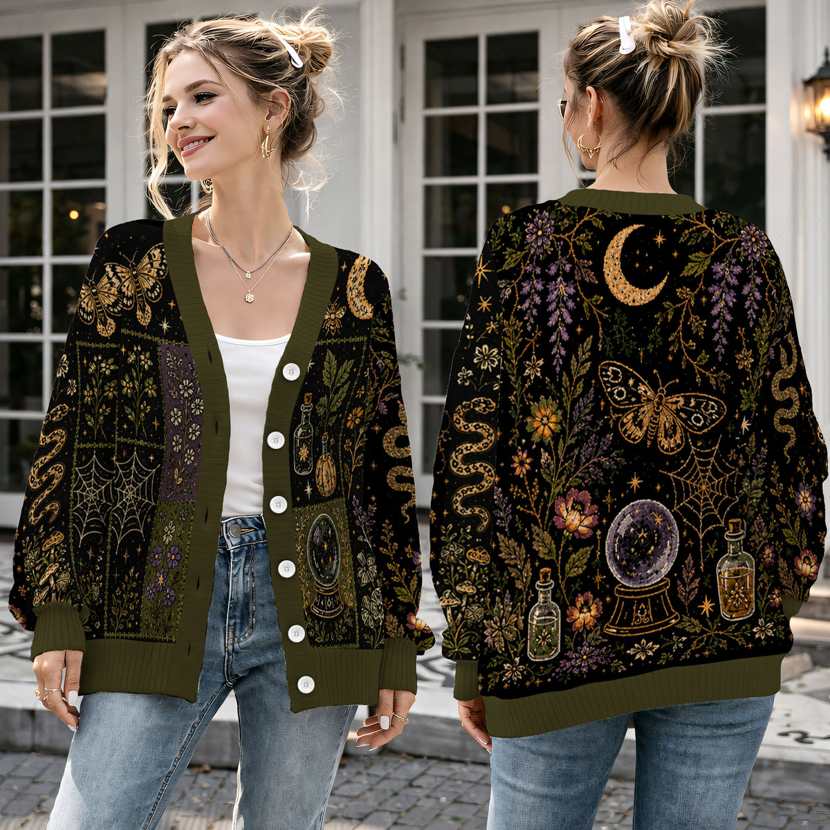 Witchy Moth Cardigan Sweater - Celestial Botanical Halloween Knitwear