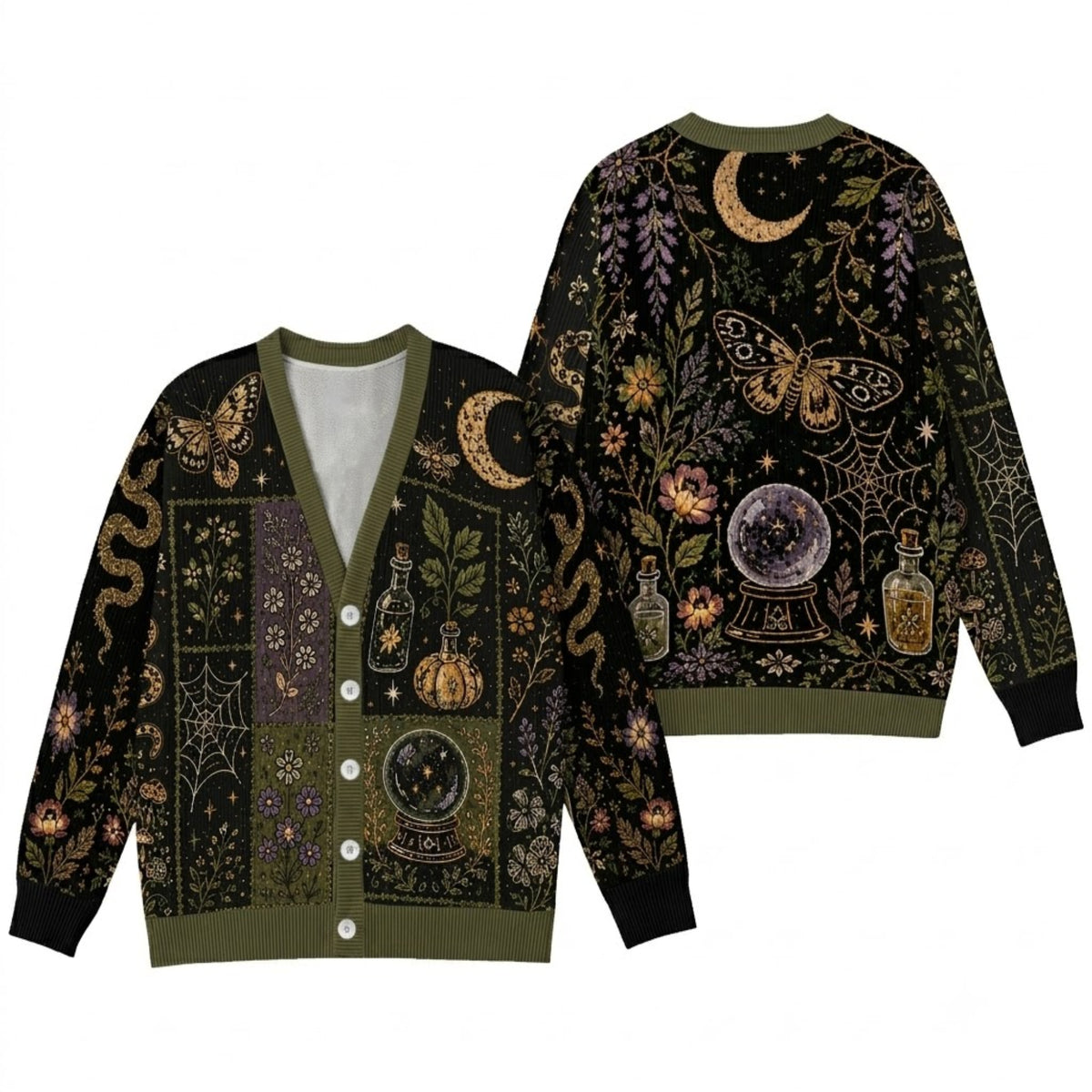 Witchy Moth Cardigan Sweater - Celestial Botanical Halloween Knitwear