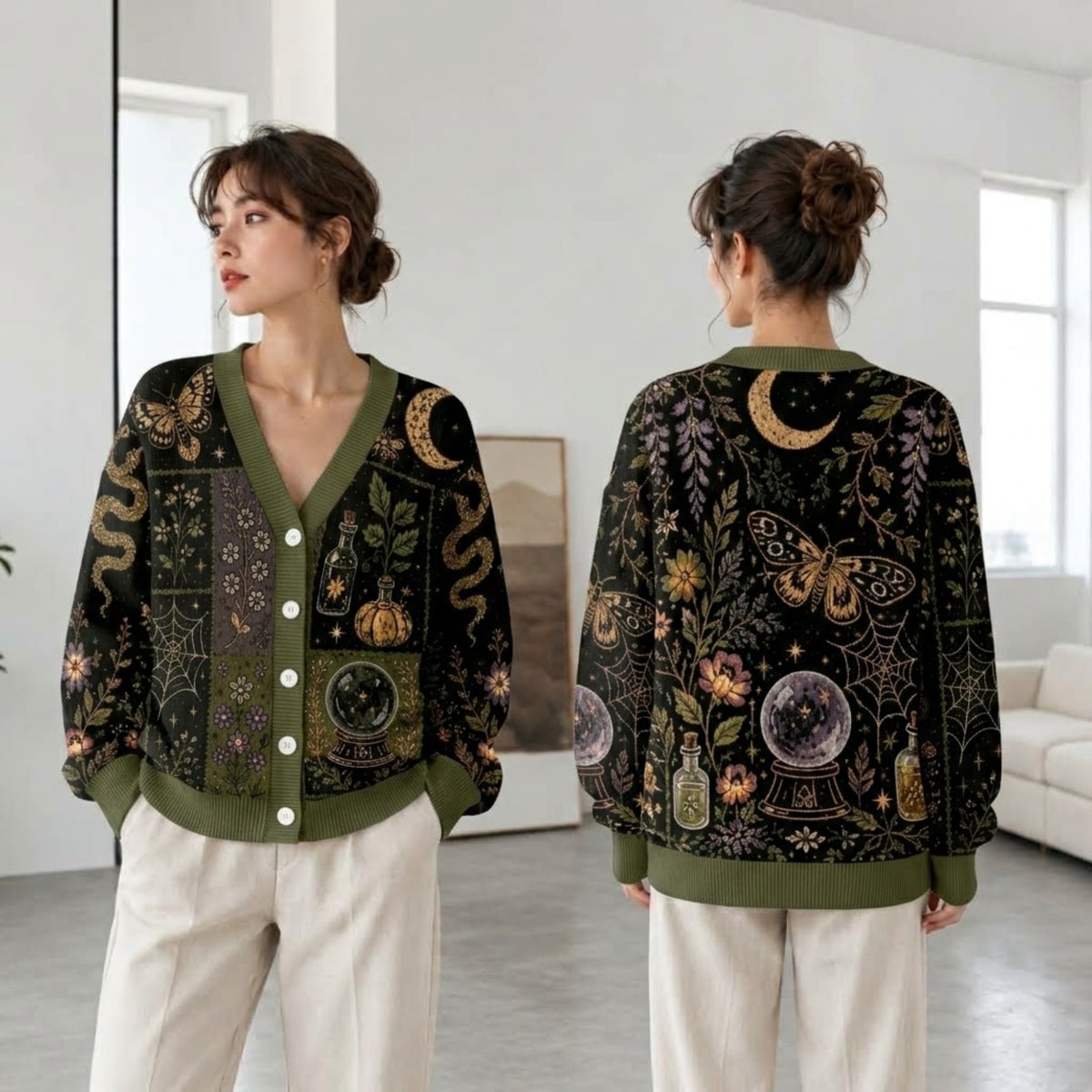 Witchy Moth Cardigan Sweater - Celestial Botanical Halloween Knitwear