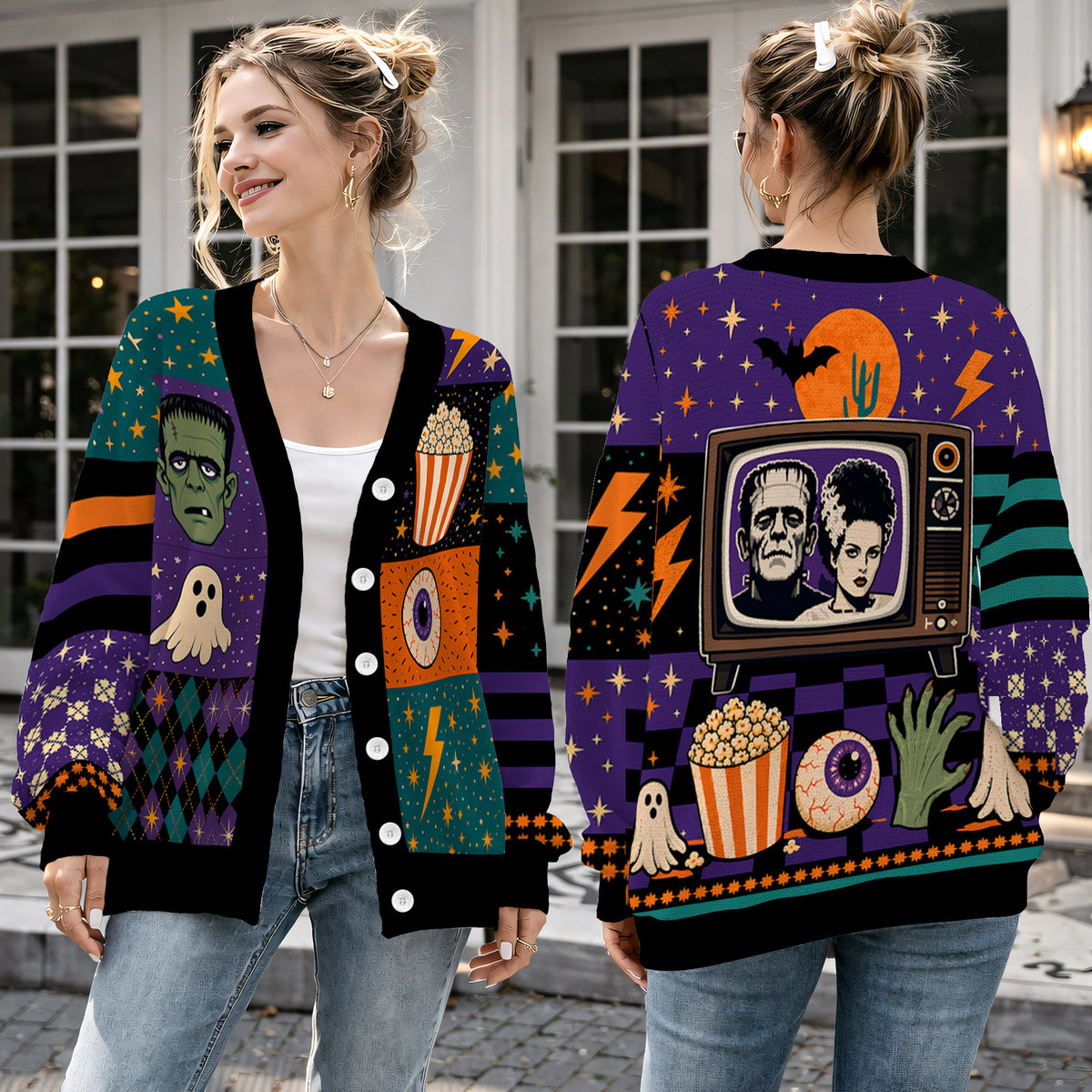 Horror Halloween Cardigan Sweater - Spooky Monster Movie Night Knitwear