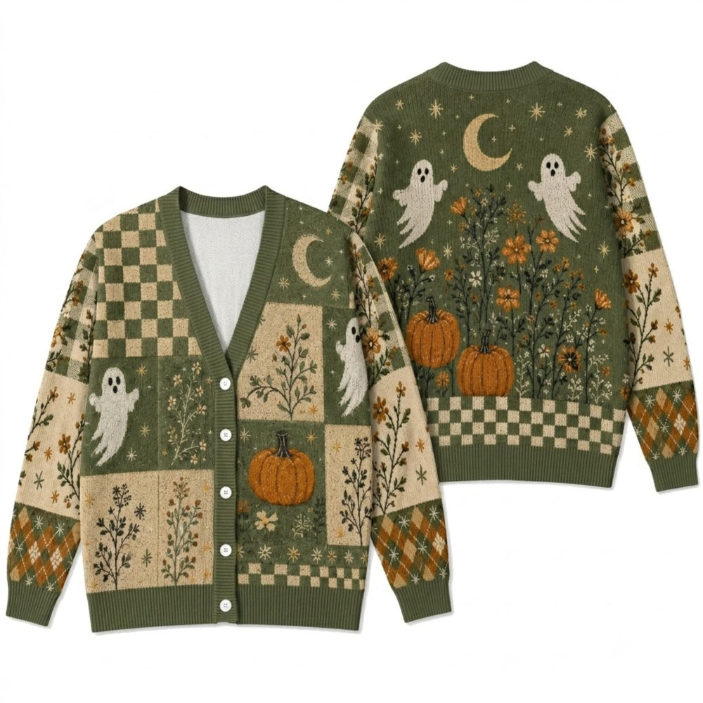 Ghost Pumpkin Halloween Cardigan Sweater - Cozy Cottagecore Fall Knitwear