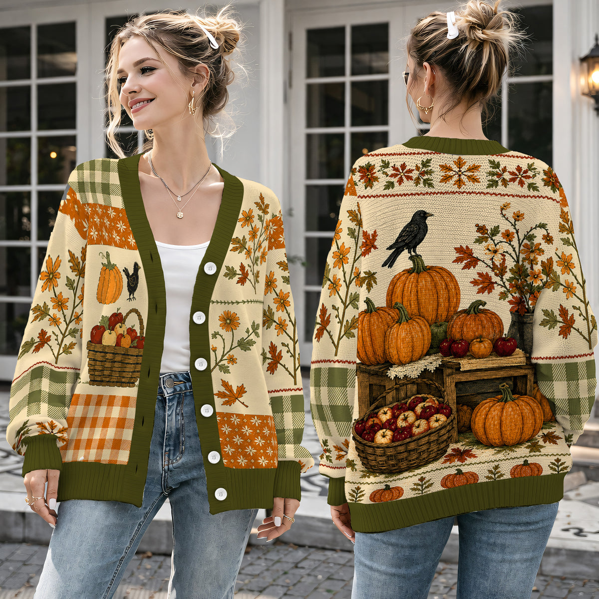 Pumpkin Harvest Fall Cardigan Sweater - Rustic Country Autumn Knitwear
