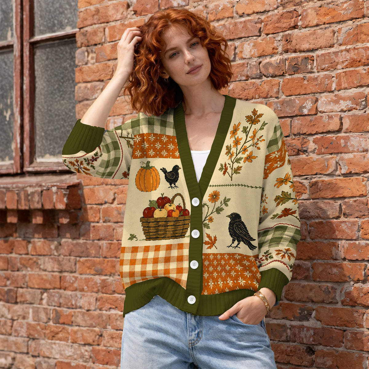 Pumpkin Harvest Fall Cardigan Sweater - Rustic Country Autumn Knitwear