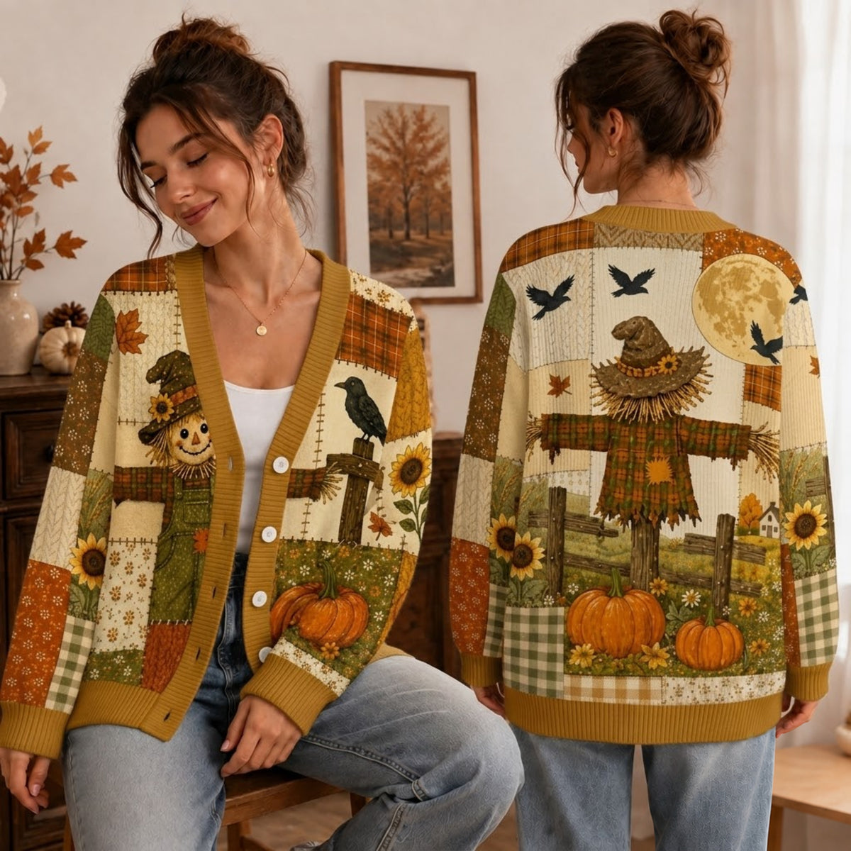 Vintage Scarecrow Fall Cardigan Sweater - Rustic Pumpkin Patchwork Knitwear