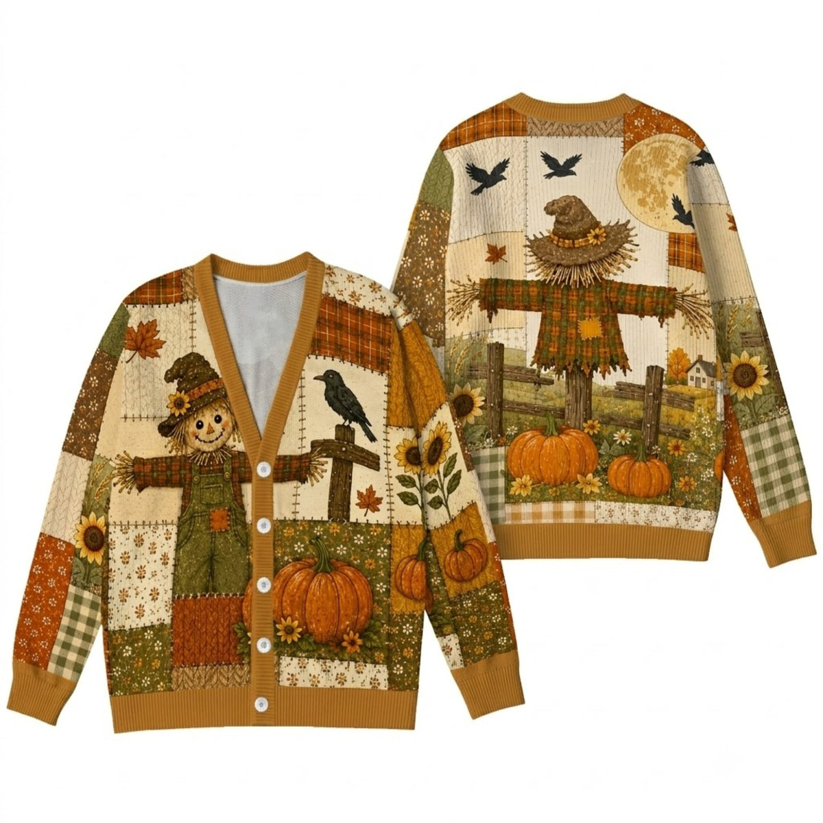Vintage Scarecrow Fall Cardigan Sweater - Rustic Pumpkin Patchwork Knitwear