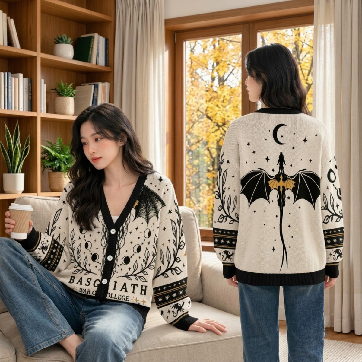 Vintage Dragon Rider Academy Cardigan Sweater - Fantasy Winged Creature Knitwear