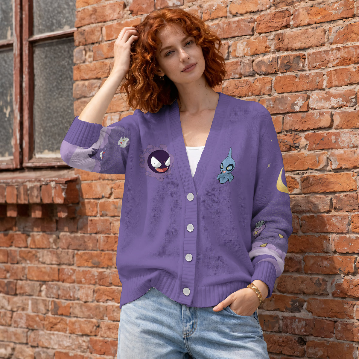 Spooky Shadow Ghost Cardigan Sweater - Lavender Anime Monster Knitwear