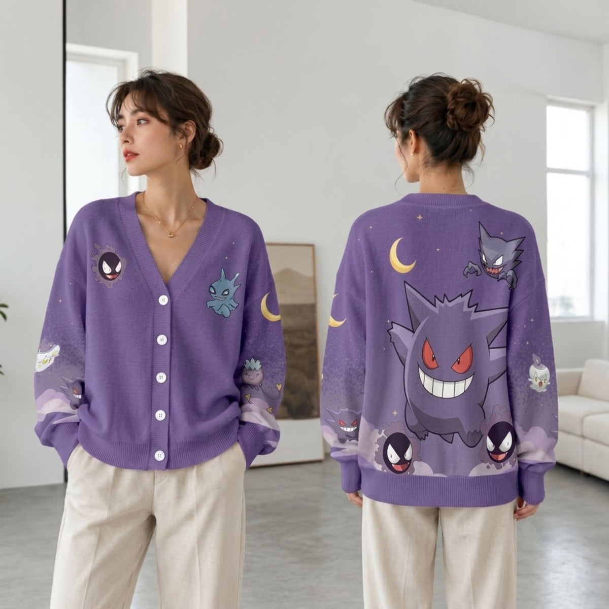 Spooky Shadow Ghost Cardigan Sweater - Lavender Anime Monster Knitwear
