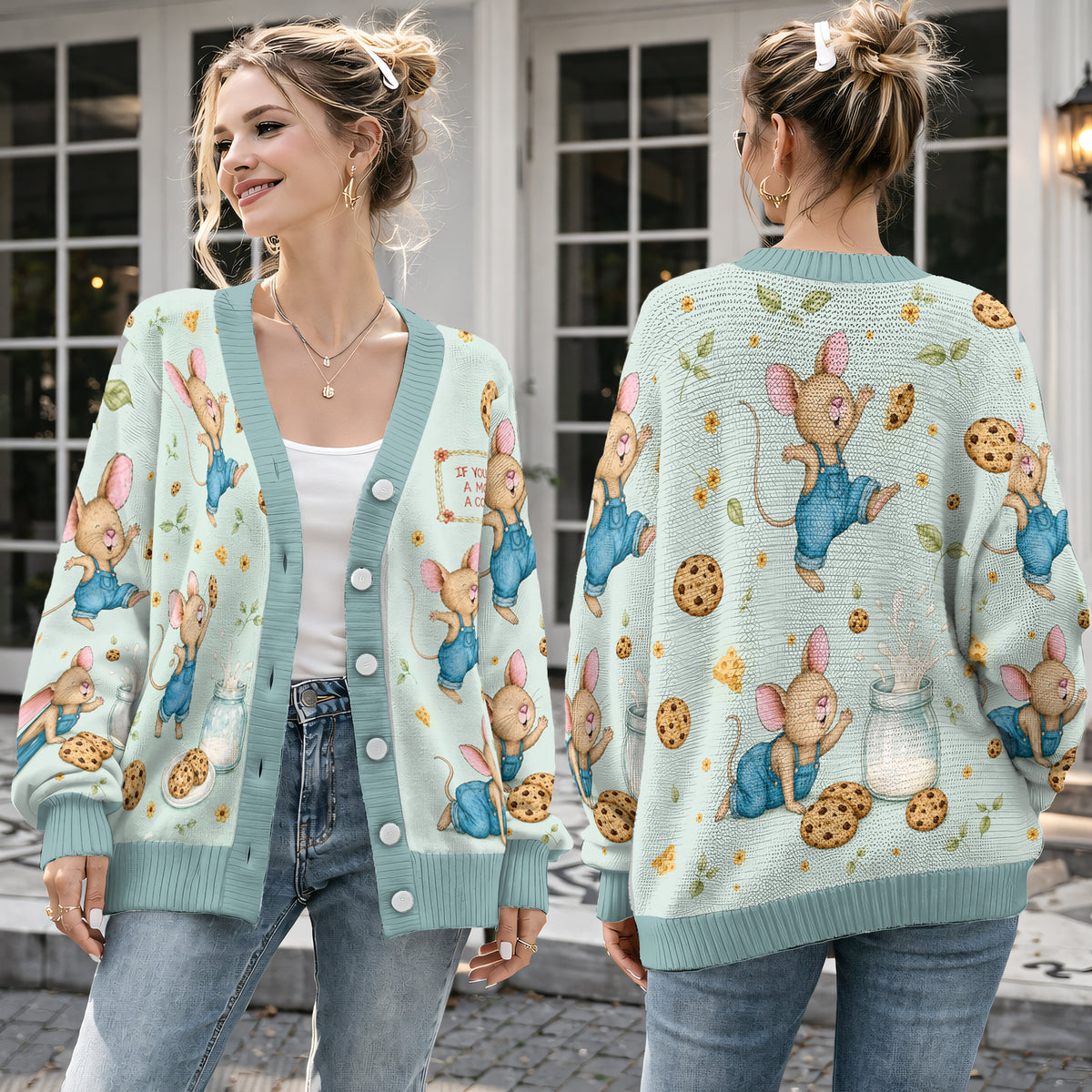 Cute Storybook Mouse Cardigan Sweater - Whimsical Little Mouse and Cookies Knitwear