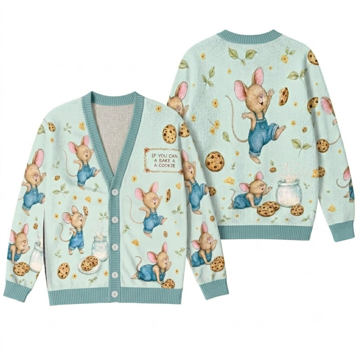 Cute Storybook Mouse Cardigan Sweater - Whimsical Little Mouse and Cookies Knitwear