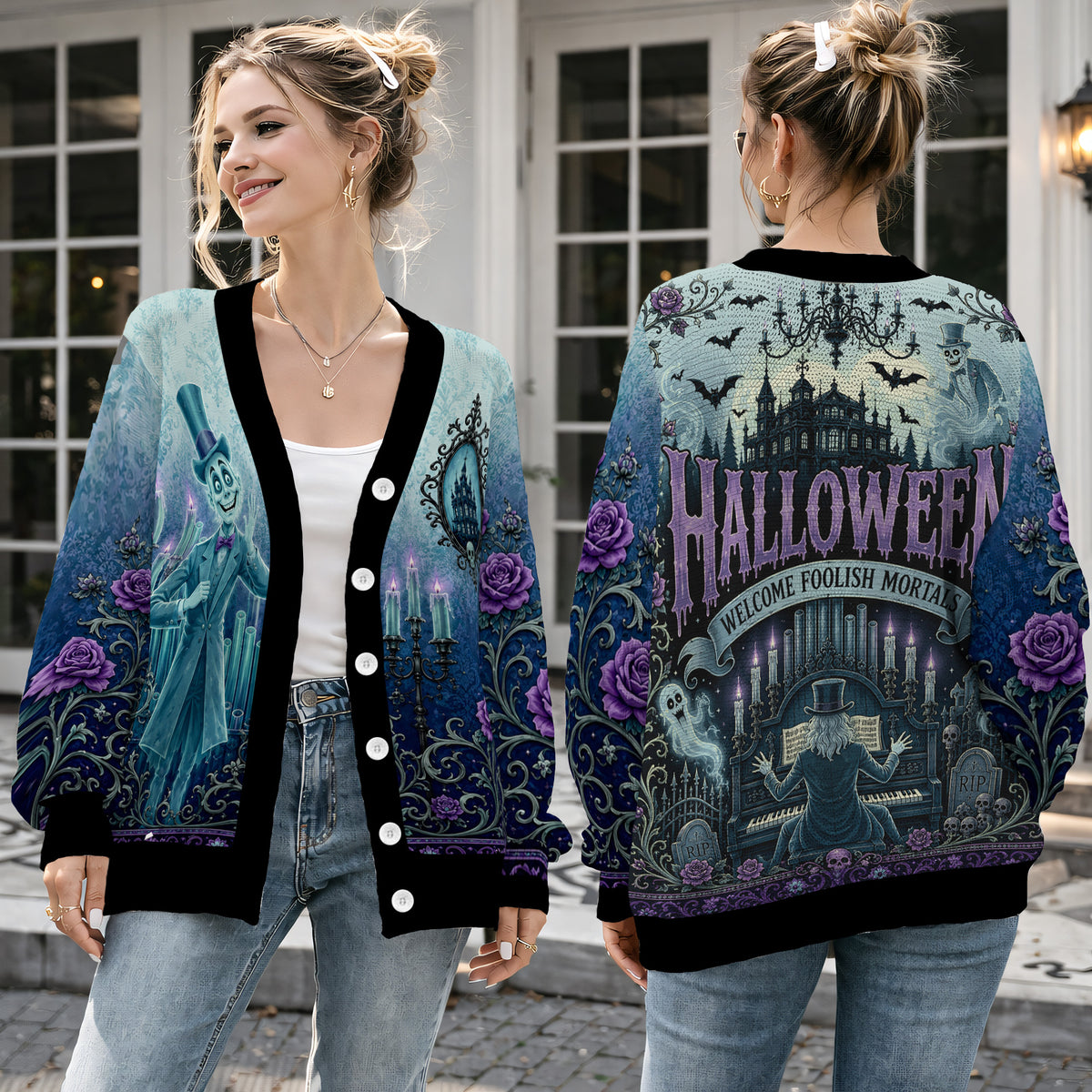 Vintage Spooky Ghost Manor Cardigan Sweater - Gothic Organ Player Knitwear