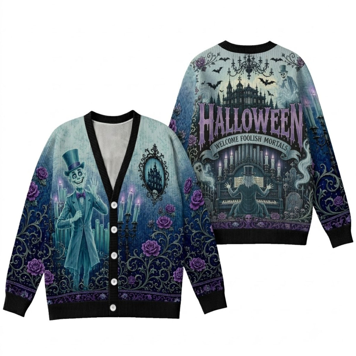 Vintage Spooky Ghost Manor Cardigan Sweater - Gothic Organ Player Knitwear