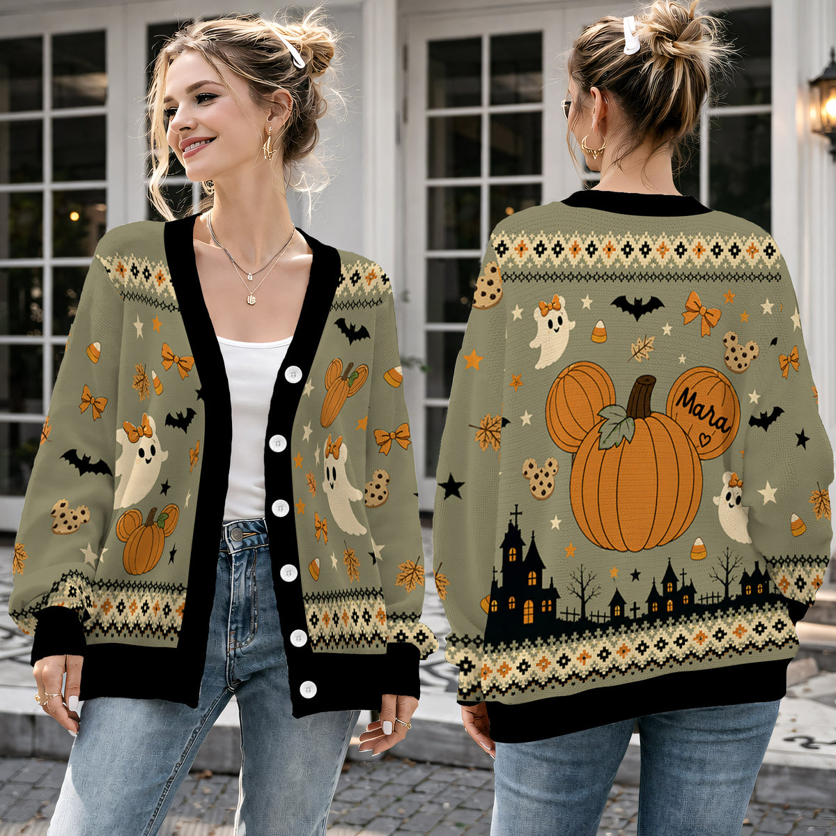 Cute Ghost Pumpkin Cardigan Sweater - Spooky Fall Autumn Graphic Knitwear
