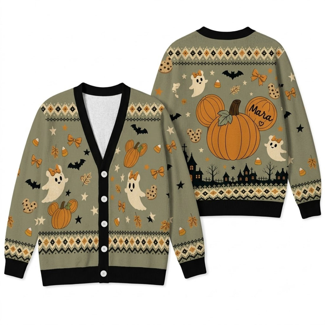 Cute Ghost Pumpkin Cardigan Sweater - Spooky Fall Autumn Graphic Knitwear