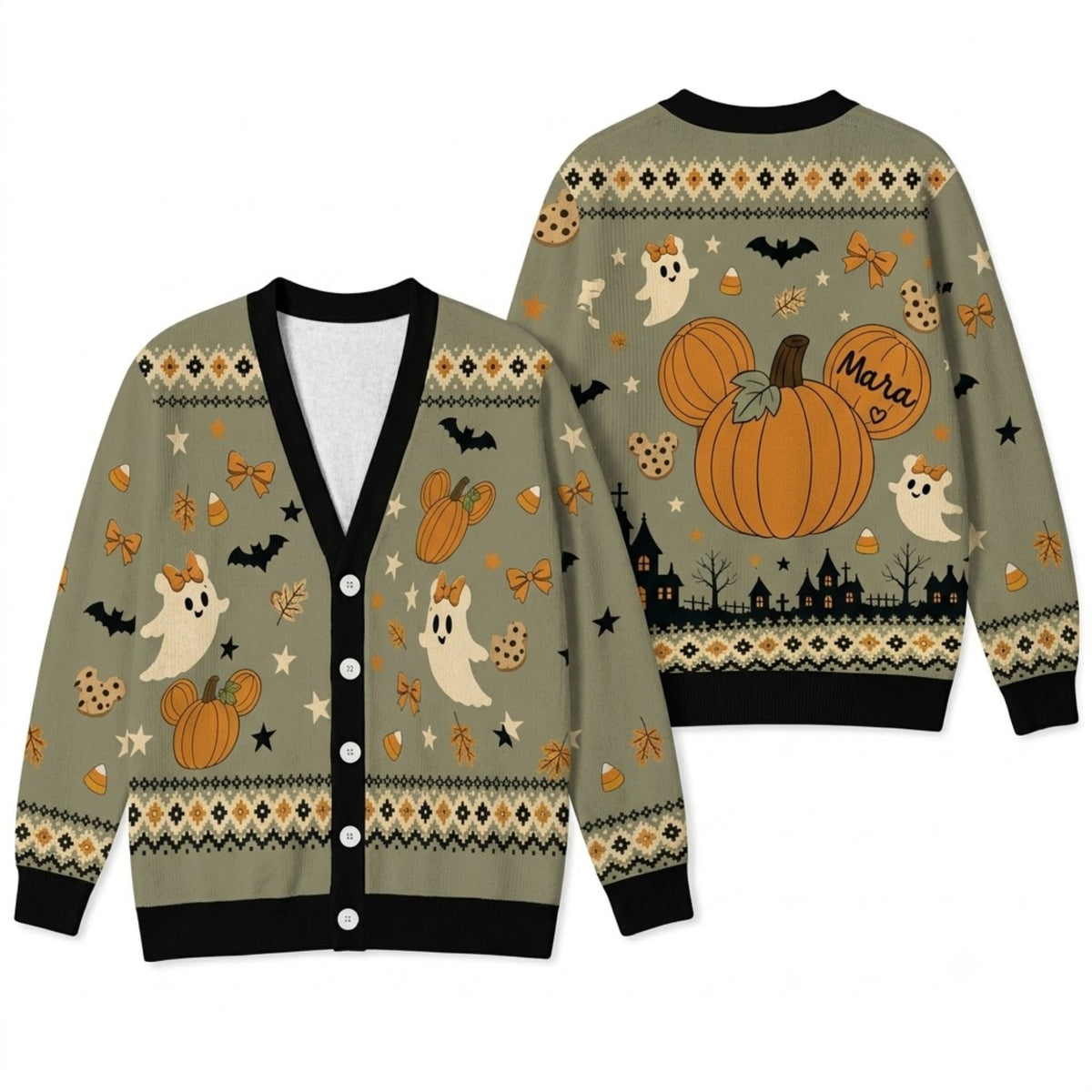 Cute Ghost Pumpkin Cardigan Sweater - Spooky Fall Autumn Graphic Knitwear