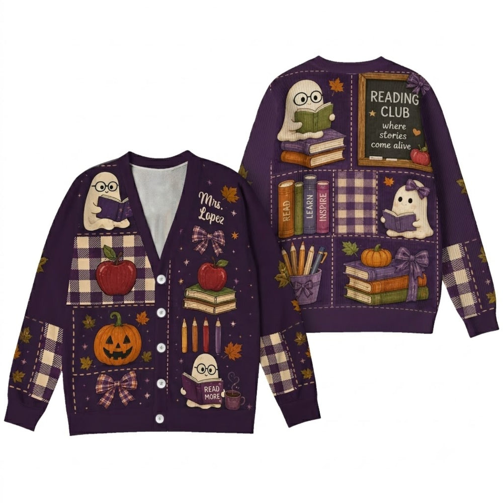 Personalized Reading Club Ghost Cardigan Sweater - Spooky Cute Teacher Knitwear