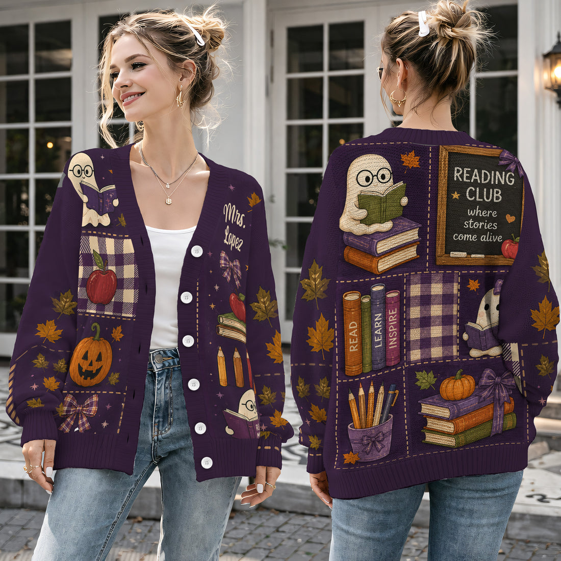 Personalized Reading Club Ghost Cardigan Sweater - Spooky Cute Teacher Knitwear