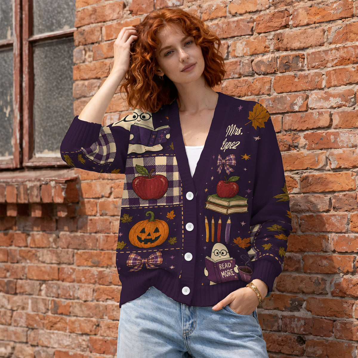 Personalized Reading Club Ghost Cardigan Sweater - Spooky Cute Teacher Knitwear