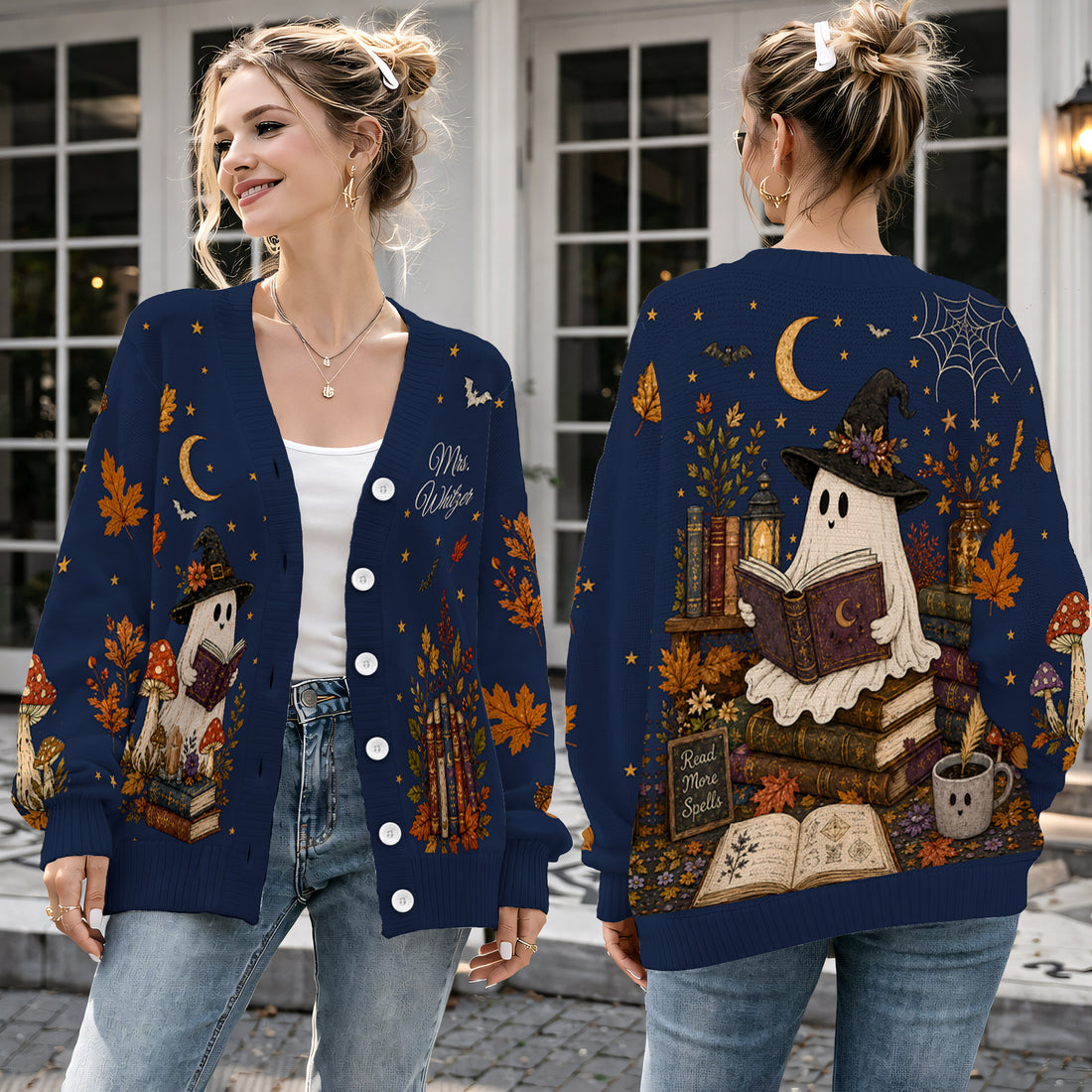 Personalized Halloween Ghost Reading Book Cardigan Sweater - Cozy Spooky Knitwear