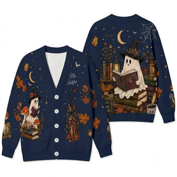 Personalized Halloween Ghost Reading Book Cardigan Sweater - Cozy Spooky Knitwear