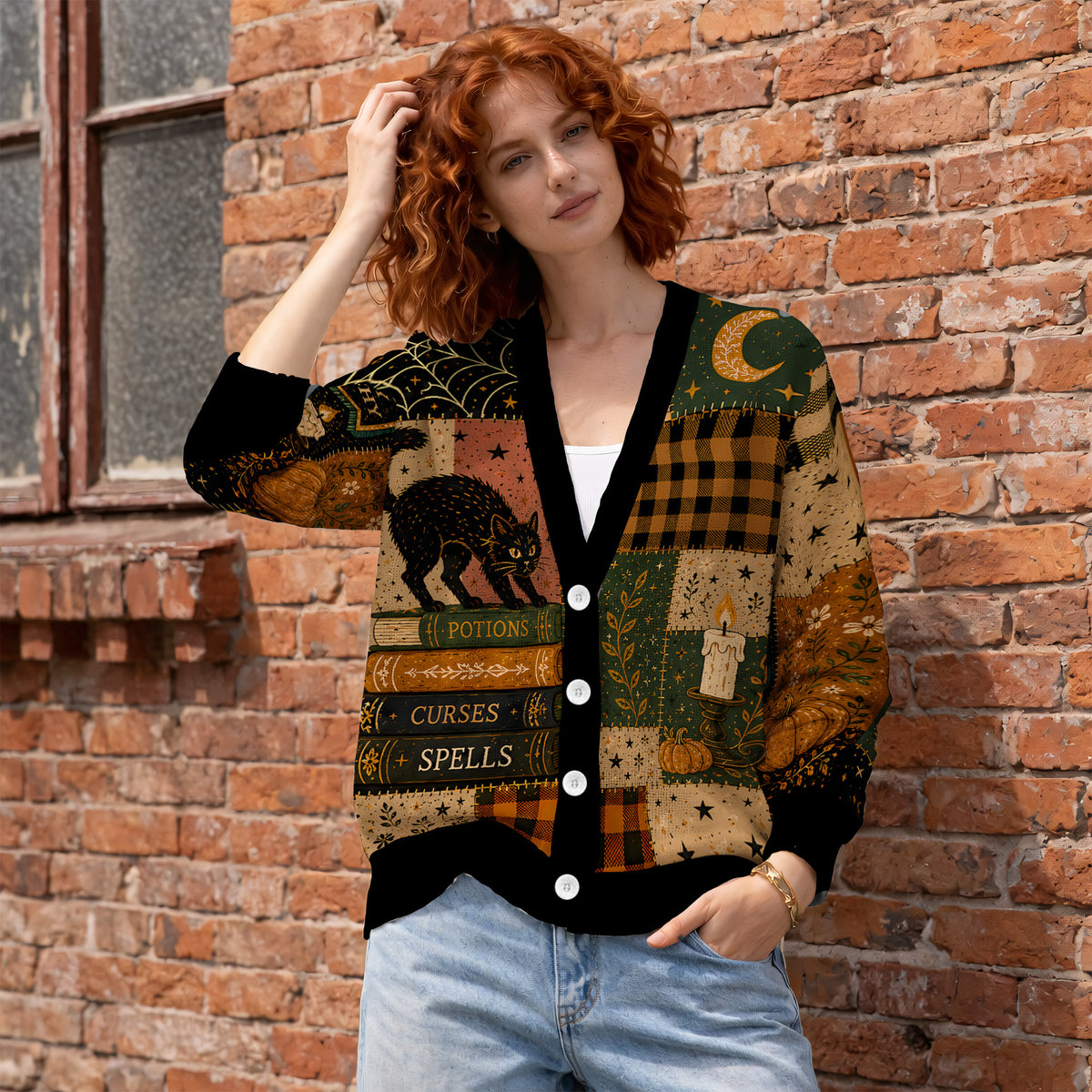 Witchy Black Cat Cardigan Sweater - Cozy Gothic Spellbook Autumn Knitwear
