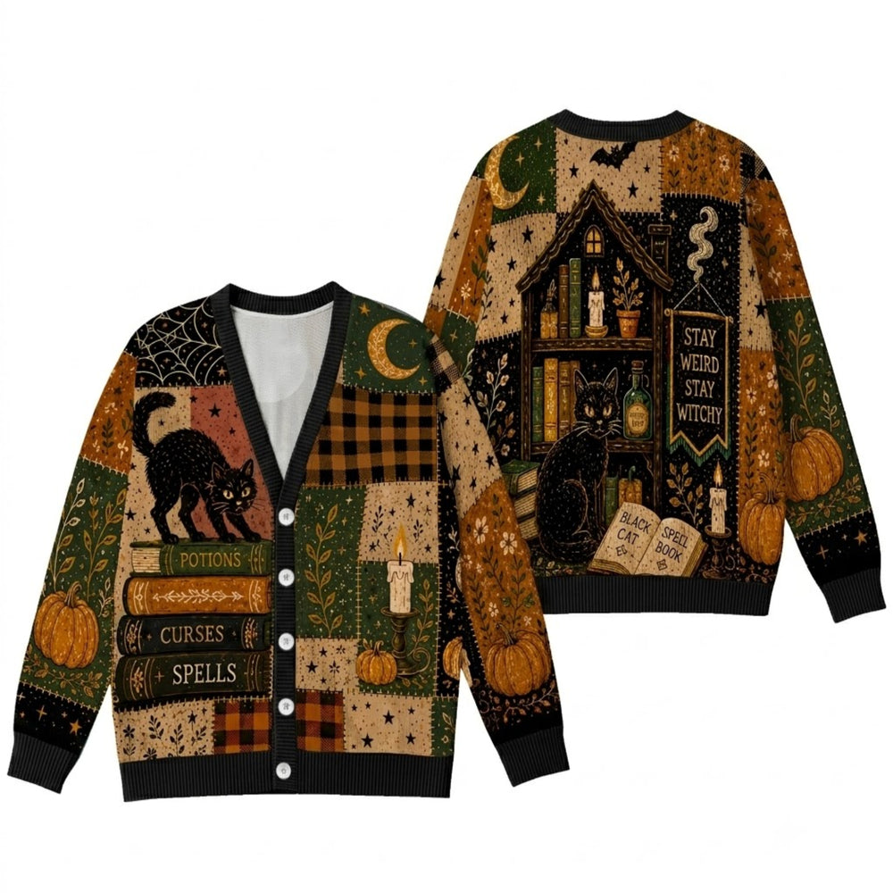 Witchy Black Cat Cardigan Sweater - Cozy Gothic Spellbook Autumn Knitwear