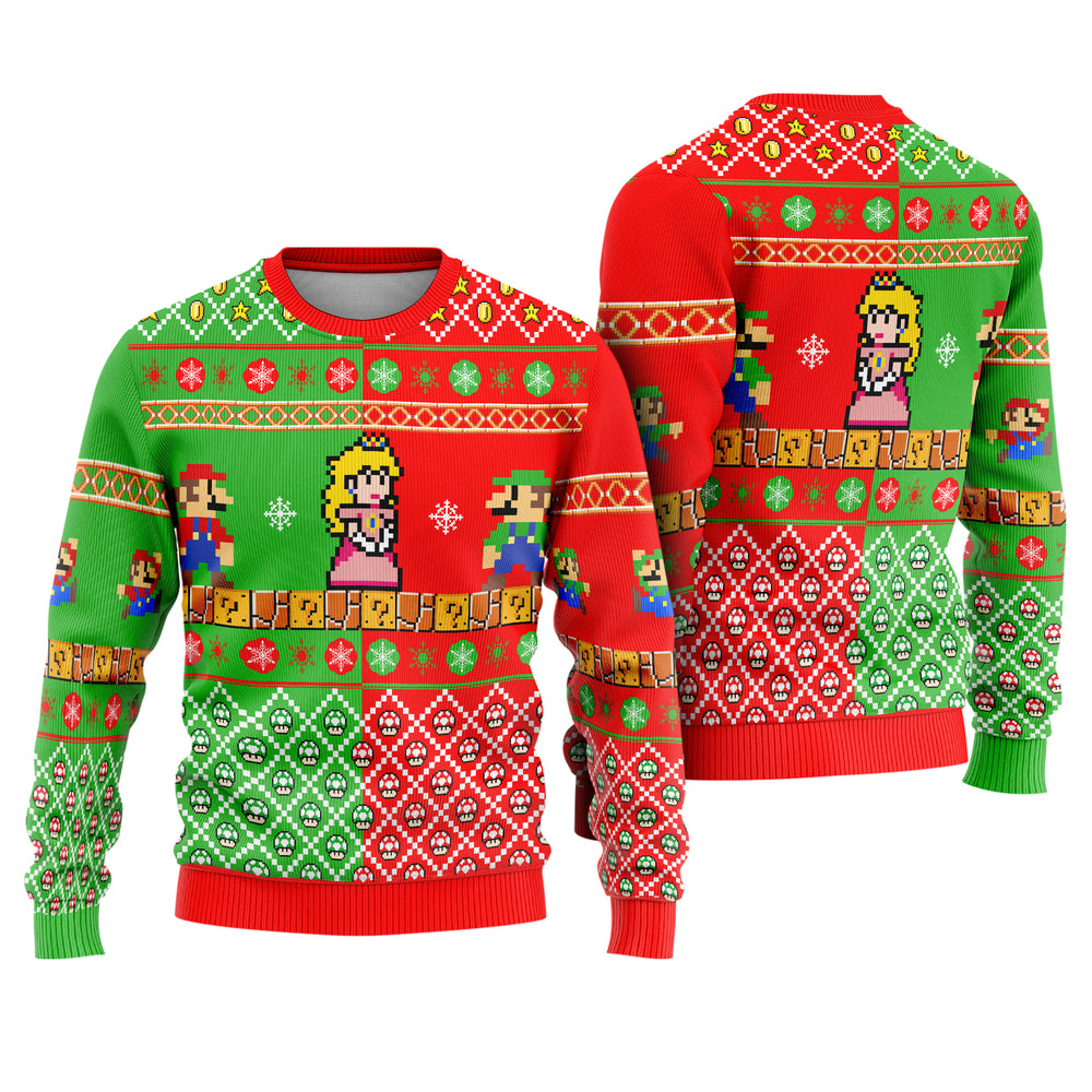 Red and Green Plumber Bros Ugly Christmas Sweater - Nintendo Pixel Art Holiday Knit Print