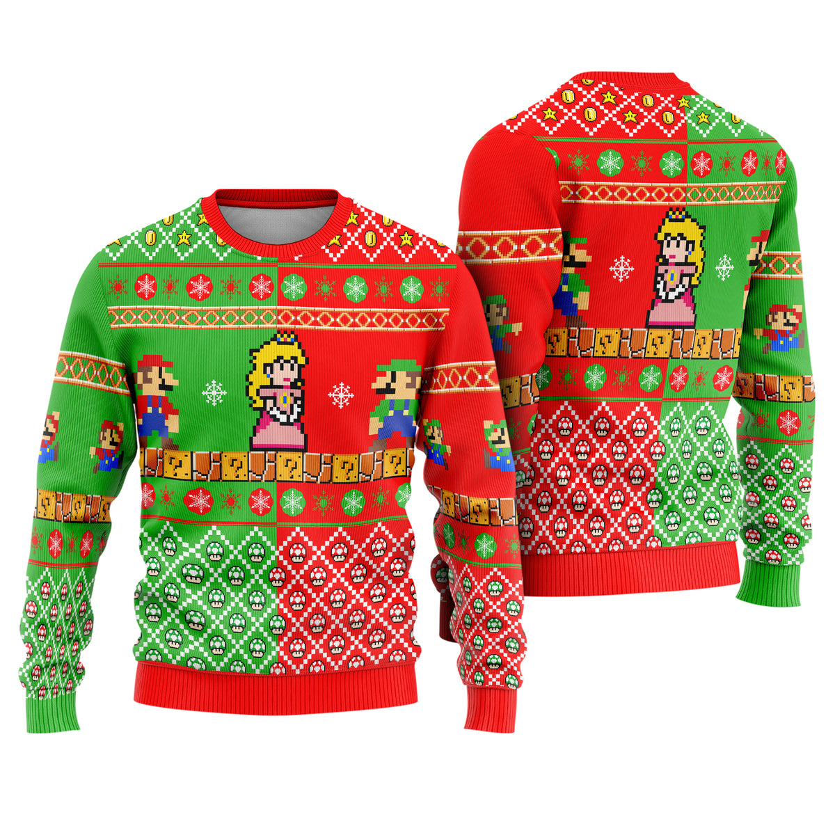 Red and Green Plumber Bros Ugly Christmas Sweater - Nintendo Pixel Art Holiday Knit Print