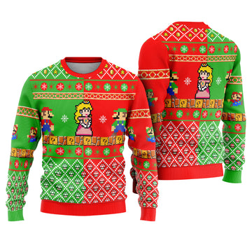 Red and Green Plumber Bros Ugly Christmas Sweater - Nintendo Pixel Art Holiday Knit Print