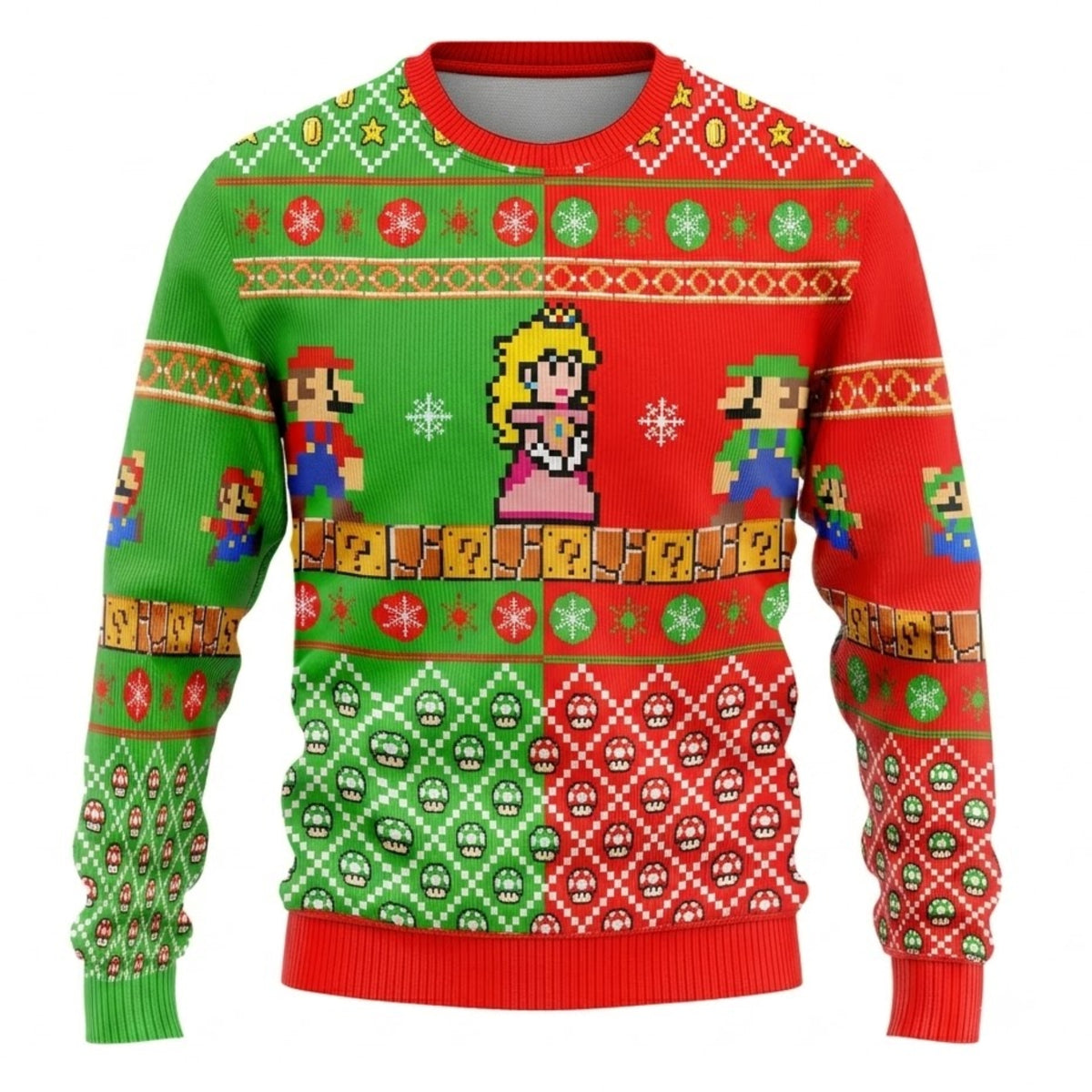 Red and Green Plumber Bros Ugly Christmas Sweater - Nintendo Pixel Art Holiday Knit Print