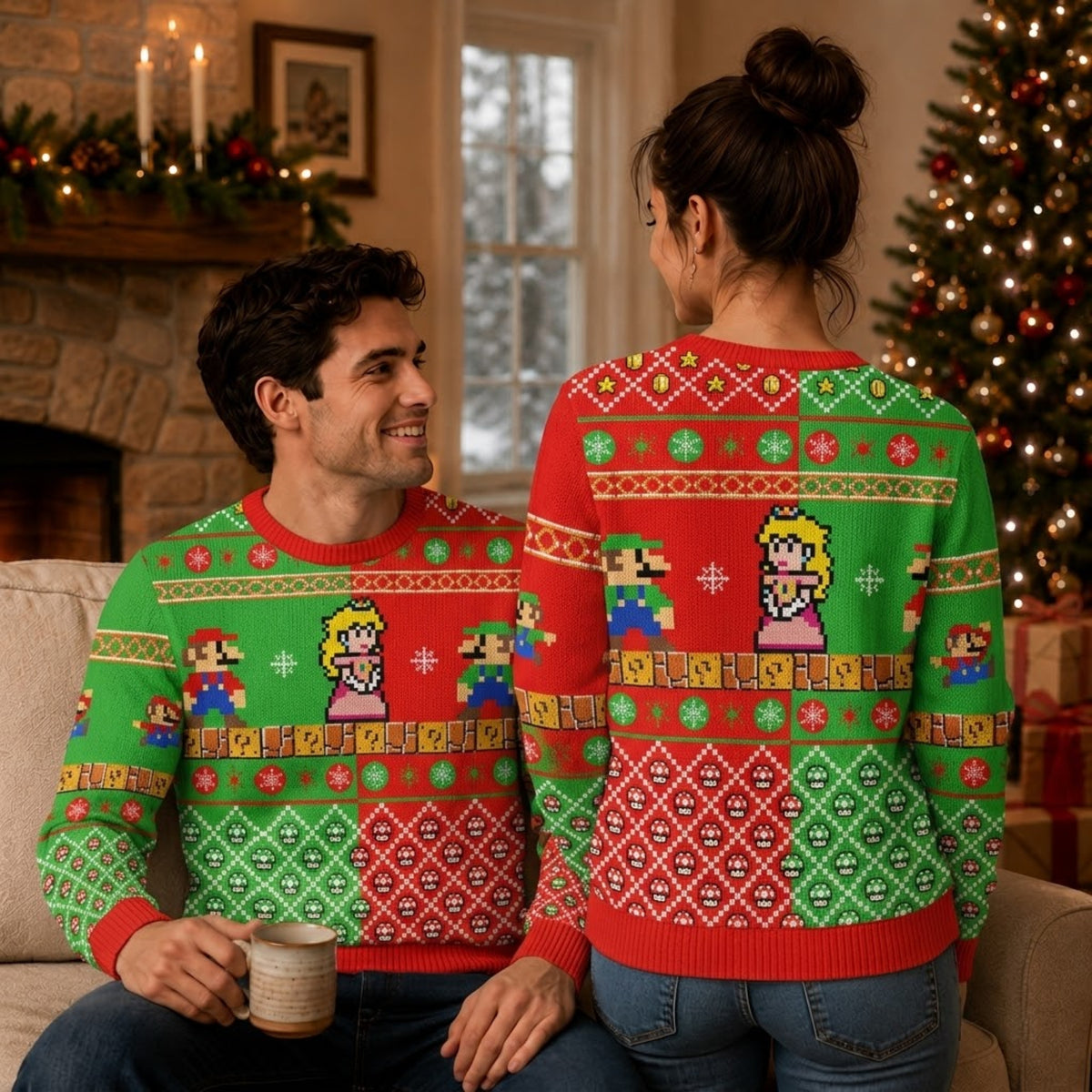 Red and Green Plumber Bros Ugly Christmas Sweater - Nintendo Pixel Art Holiday Knit Print